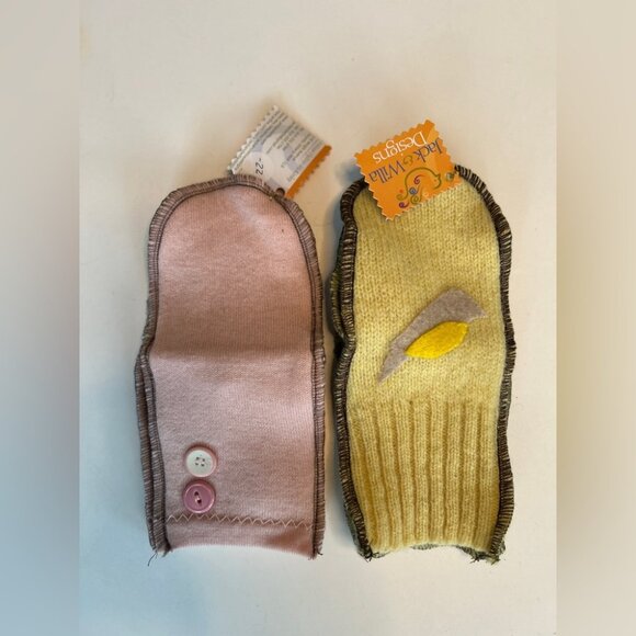 Handmade Recycled Wool Mittens in Yellow and Pink Size Small - Picture 6 of 6